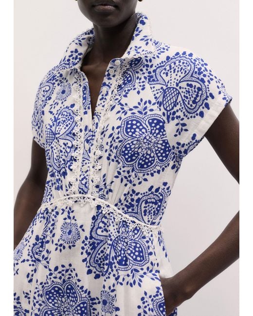 ME+EM Blue Cheesecloth Fit & Flare In-Full-Bloom Print Midi Dress Soft