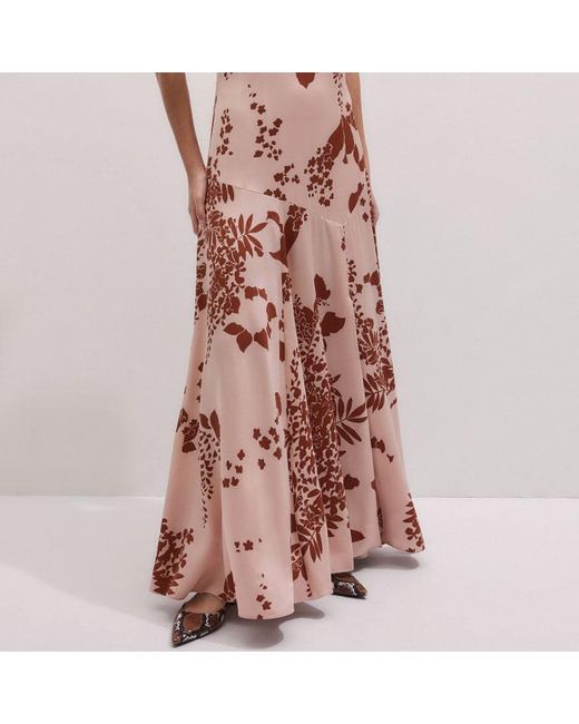 ME+EM Pink Silk Satin Draping Wisteria Print Full Length Dress + Tie-Cinnamon