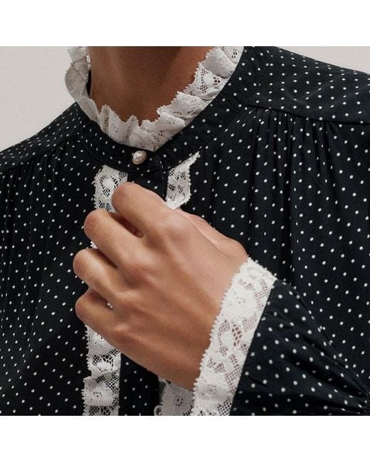 ME+EM Black Micro Polka Dot And Lace Blouse/Light Cream