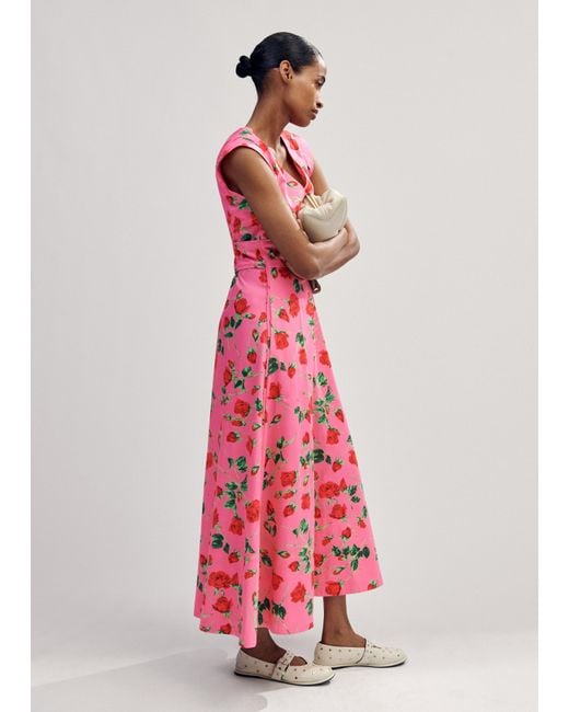 ME+EM Pink Cotton Sateen Rose Print Maxi Dress