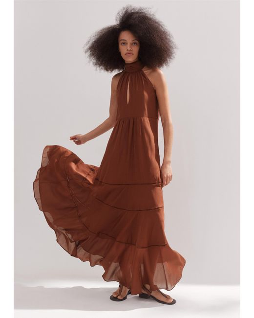 ME+EM Brown Cotton Voile Halterneck Full-length Dress