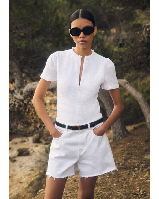 ME+EM White Cheesecloth Shirred Zip Top