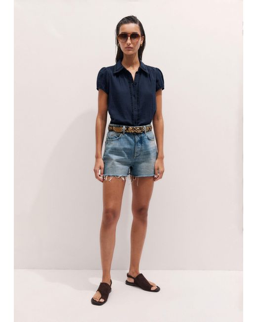 ME+EM Blue Cheesecloth Cap-Sleeve Blouse