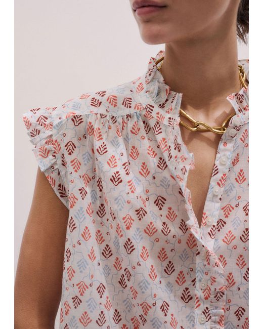 ME+EM Multicolor Cotton Geo Leaves Print Top Light Cream-Multi