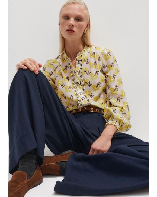 ME+EM Blue Silk Cotton Bird Of Paradise Print Blouse
