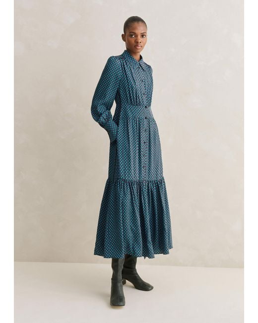 ME+EM Blue Digital Dot Print Satin Maxi Shirt Dress