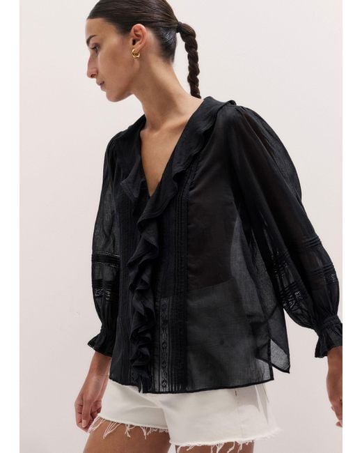 ME+EM Black Cotton Voile Ruffle Blouse