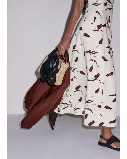 ME+EM White Crease-Less Linen Modern Tulips Print Maxi Dress Light Cream