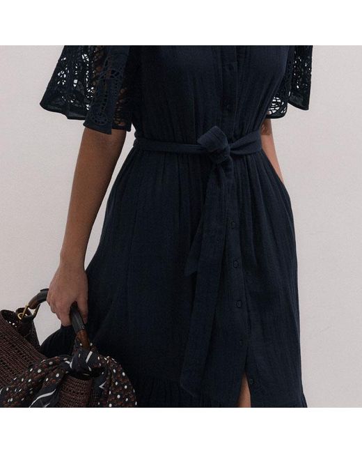 ME+EM Blue Cheesecloth Embroidered Maxi Dress + Belt