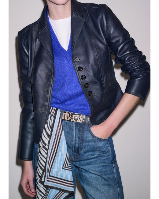 ME+EM Blue Leather Short Fitted Blazer