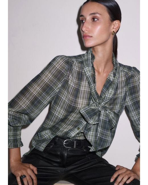 ME+EM Gray Cotton Voile Check Long Sleeve Blouse + Tie