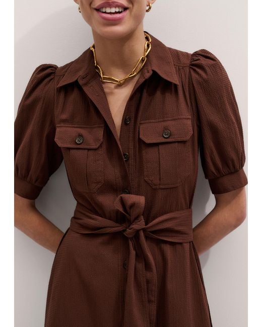ME+EM Brown Seersucker Midi Shirt Dress + Belt