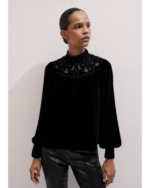 ME+EM Black Silk Blend Velvet Embroidered Top