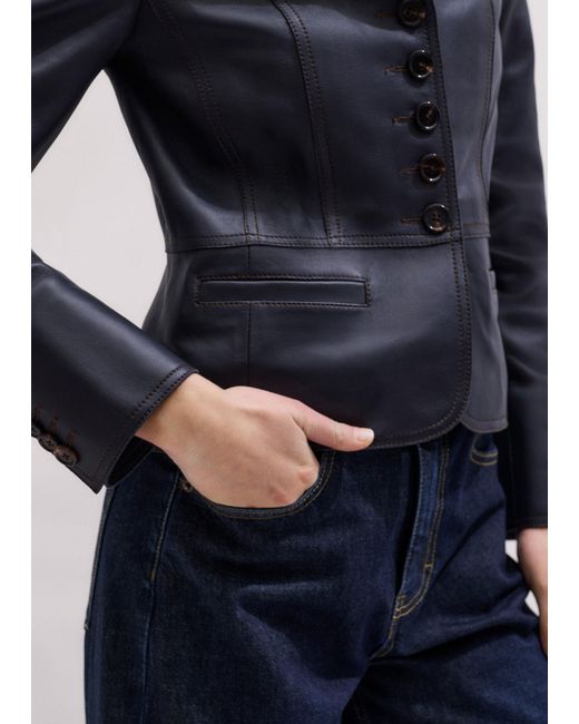 ME+EM Blue Leather Short Fitted Blazer