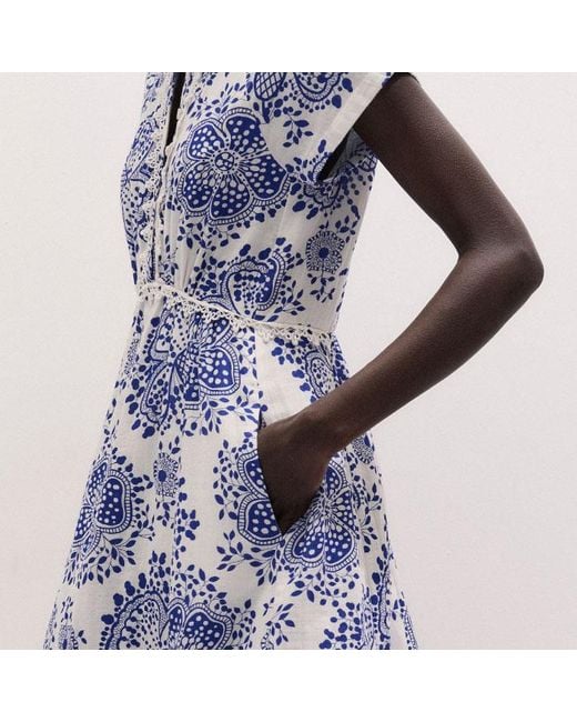 ME+EM Blue Cheesecloth Fit & Flare In-Full-Bloom Print Midi Dress Soft