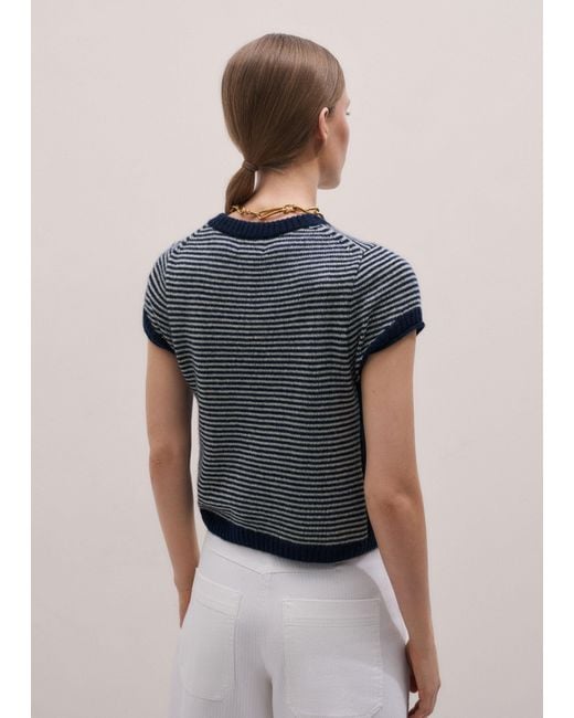 ME+EM Blue Merino Cashmere Silk Stripe Straight Baby Tee-Cream