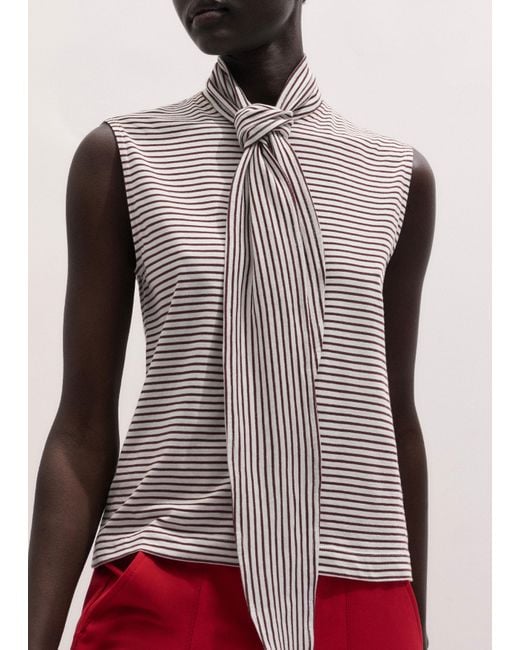 ME+EM Red Impossibly Soft Scarf Neck Sleeveless Tee + Tie Cocoa-Light Cream
