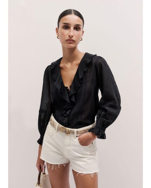 ME+EM Black Cotton Voile Ruffle Blouse