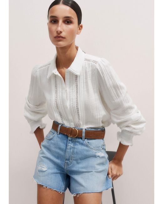 ME+EM White Cheesecloth Lace Trim Long Sleeve Blouse