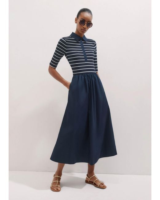 ME+EM Blue Mixed Media Shirt Collar Maxi Dress