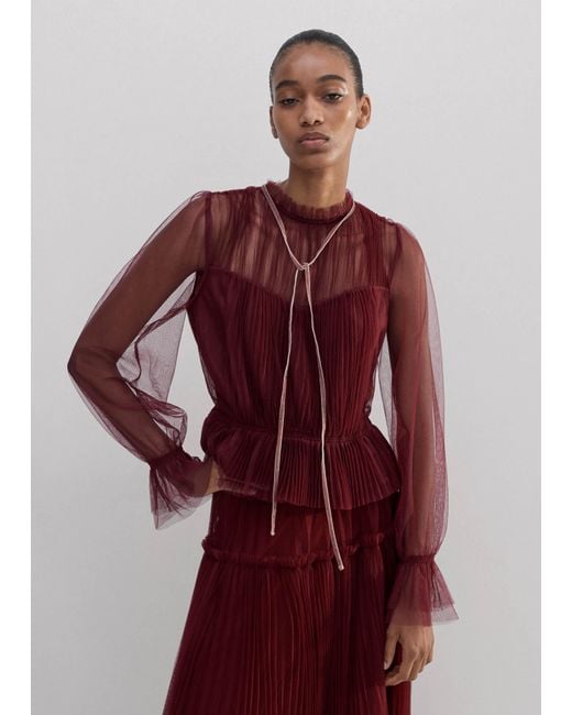ME+EM Red Tulle Top With Velour Neck Tie