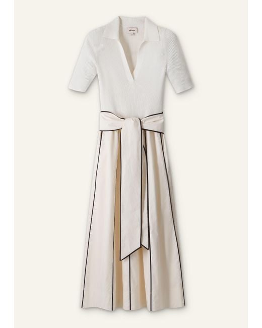 ME+EM Multicolor Mixed Media Fit And Flare Midi Dress + Belt Light Cream