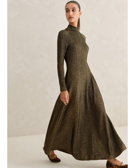 ME+EM Green Metallic Long Sleeve High Neck Maxi Dress