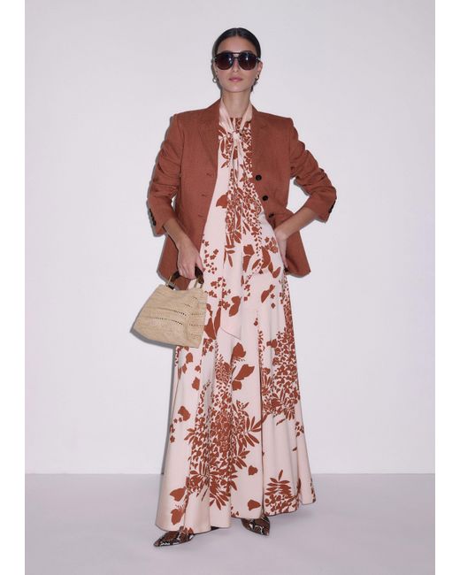 ME+EM Pink Silk Satin Draping Wisteria Print Full Length Dress + Tie-Cinnamon
