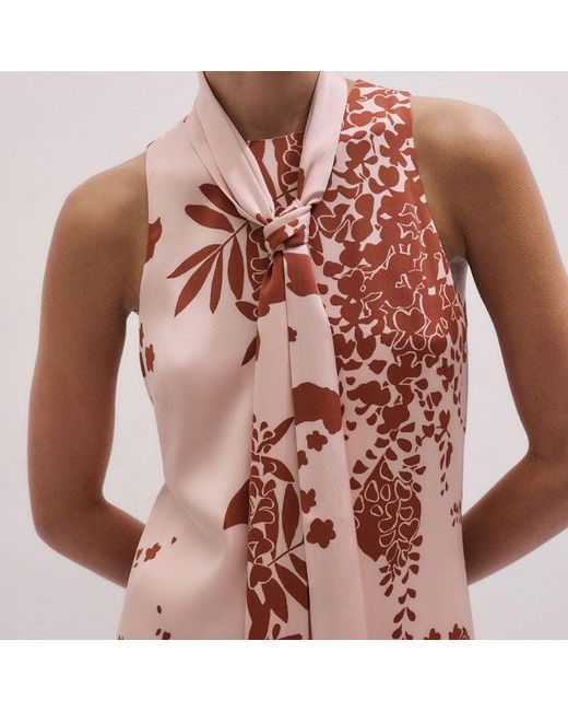 ME+EM Pink Silk Satin Draping Wisteria Print Full Length Dress + Tie-Cinnamon