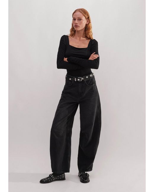 ME+EM Black Ruched Square Neck Top