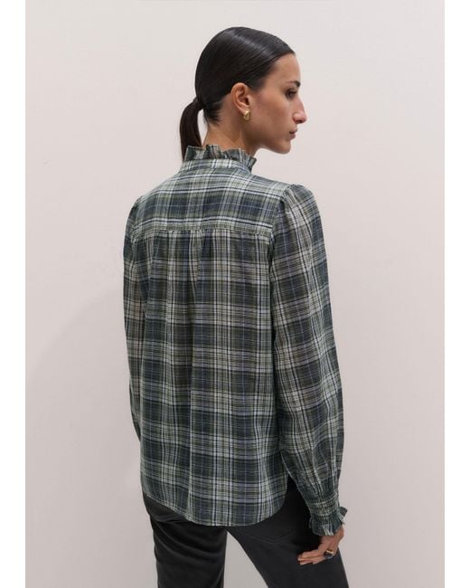 ME+EM Gray Cotton Voile Check Long Sleeve Blouse + Tie