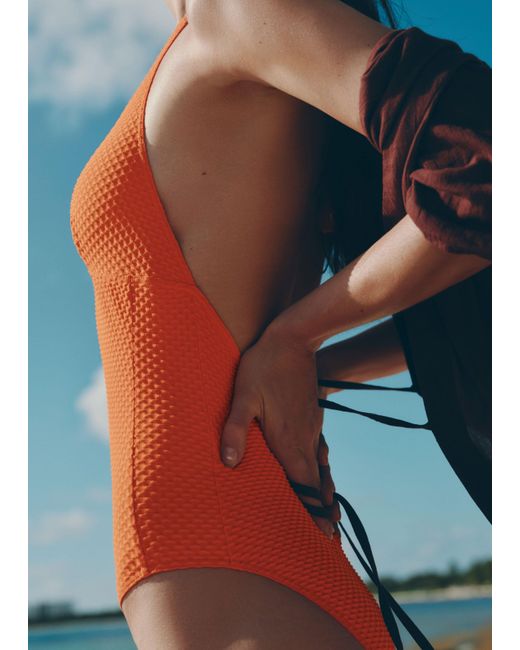 ME+EM Blue Compact Texture Halterneck Swimsuit