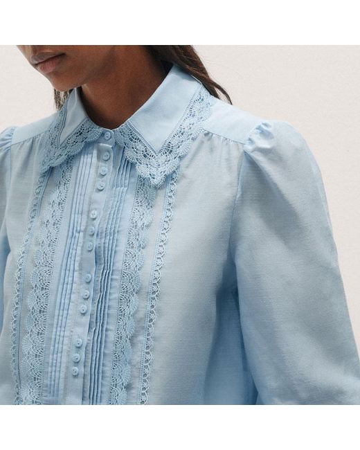 ME+EM Blue Silk Cotton Lace Trim Straight Blouse