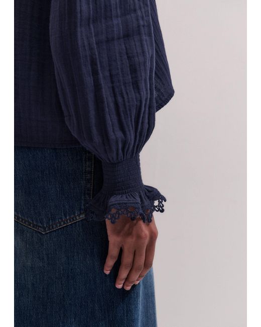 ME+EM Blue Cheesecloth Intricate Detail Blouse