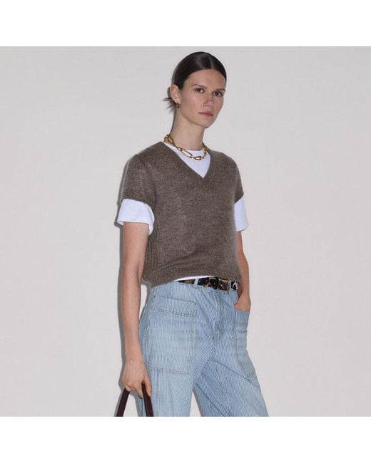 ME+EM Brown Merino Cashmere Silk V-Neck Straight Baby Tee
