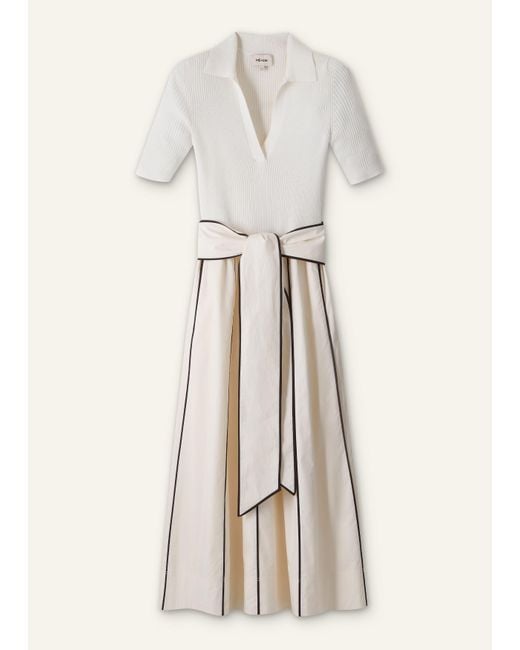ME+EM Multicolor Mixed Media Fit And Flare Midi Dress + Belt Light Cream
