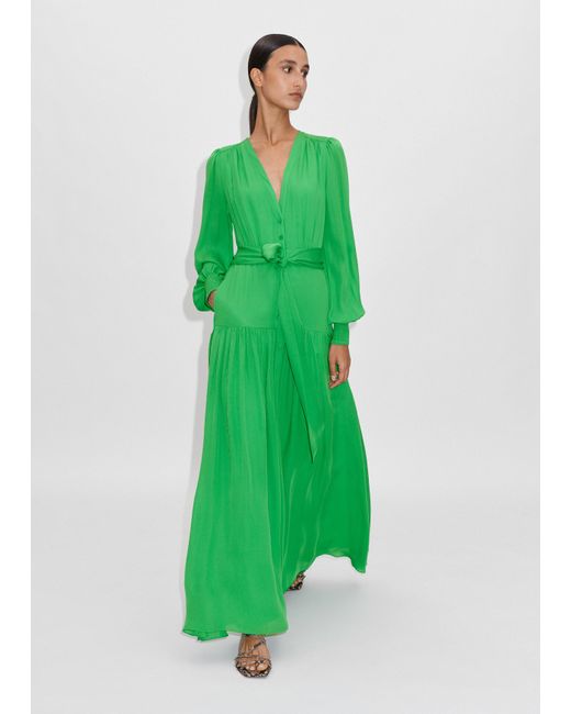 ME+EM Green Silk Statement V-neck Maxi Dress + Belt