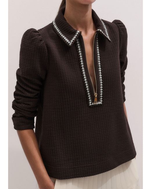 ME+EM Black Texture Zip Front Swing Top