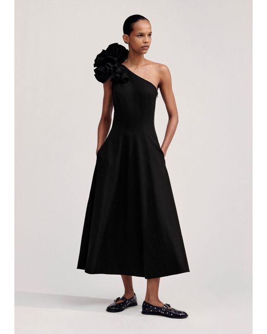 ME+EM Black One Shoulder Midi Dress + Corsage