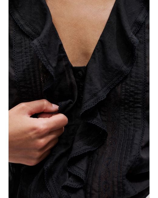 ME+EM Black Cotton Voile Ruffle Blouse