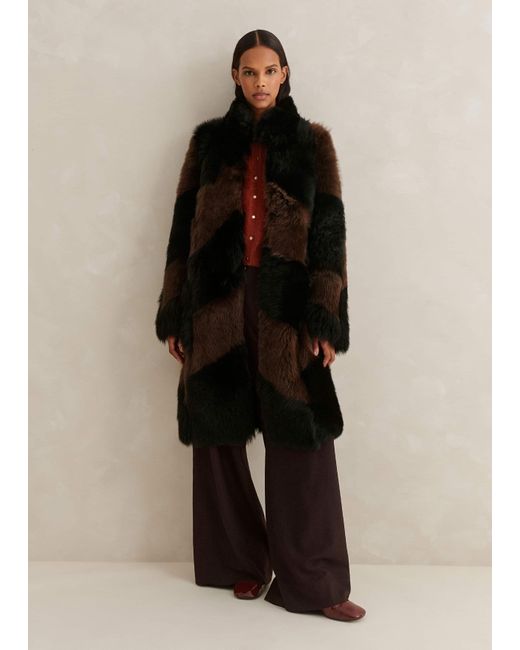 ME+EM Black Statement Shearling Patchwork Coat/Chocolate