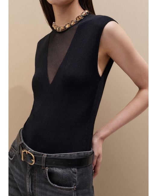 ME+EM Black Cap Sleeve Sheer Knit Bodysuit