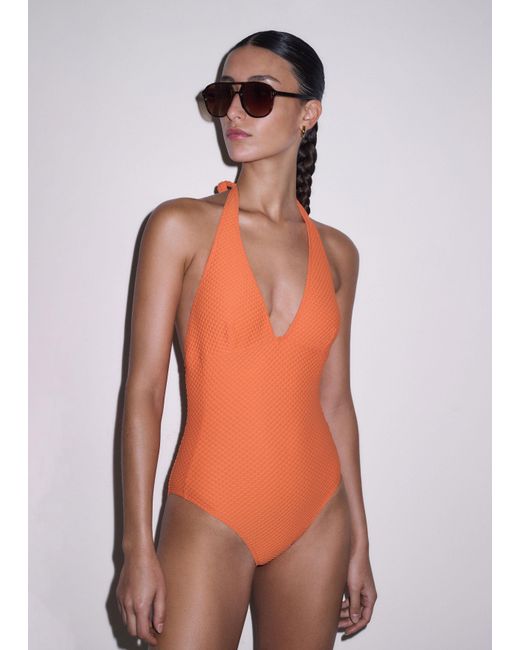 ME+EM Blue Compact Texture Halterneck Swimsuit
