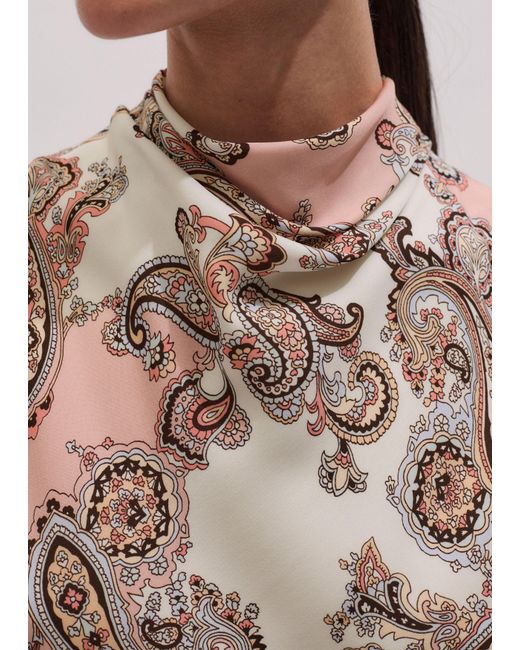 ME+EM Multicolor Silk Colourblocked Paisley Print Cowl Neck Top + Tie