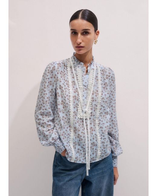ME+EM Blue Scallop Daisy Print Trim Detail Blouse + Tie