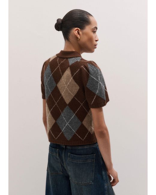 ME+EM Blue Merino Cashmere Silk Argyle Pouf Sleeve Knit Tee