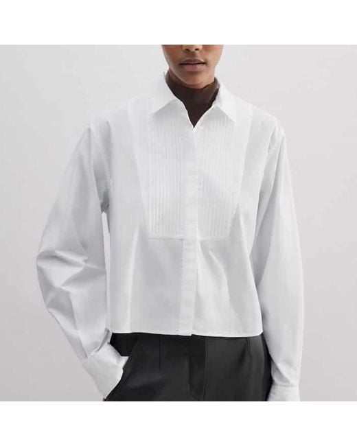 ME+EM Gray Cotton Bib Detail Crop Shirt