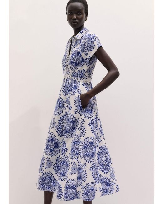 ME+EM Blue Cheesecloth Fit & Flare In-Full-Bloom Print Midi Dress Soft