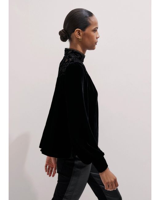 ME+EM Black Silk Blend Velvet Embroidered Top