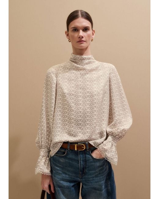 ME+EM Natural Silk Delicate Ribbon Print Cowl Neck Straight Top